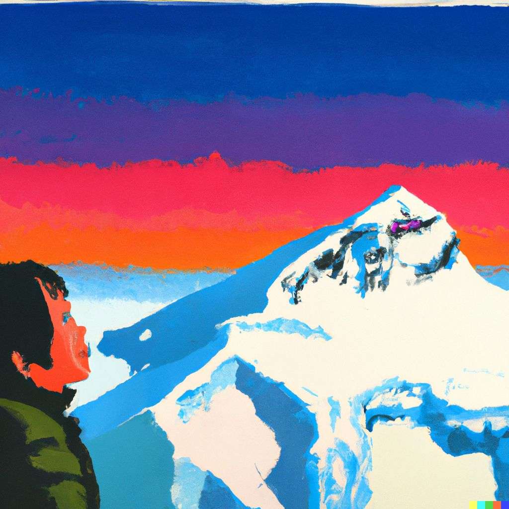 someone gazing at Mount Everest, painting by Andy Warhol
